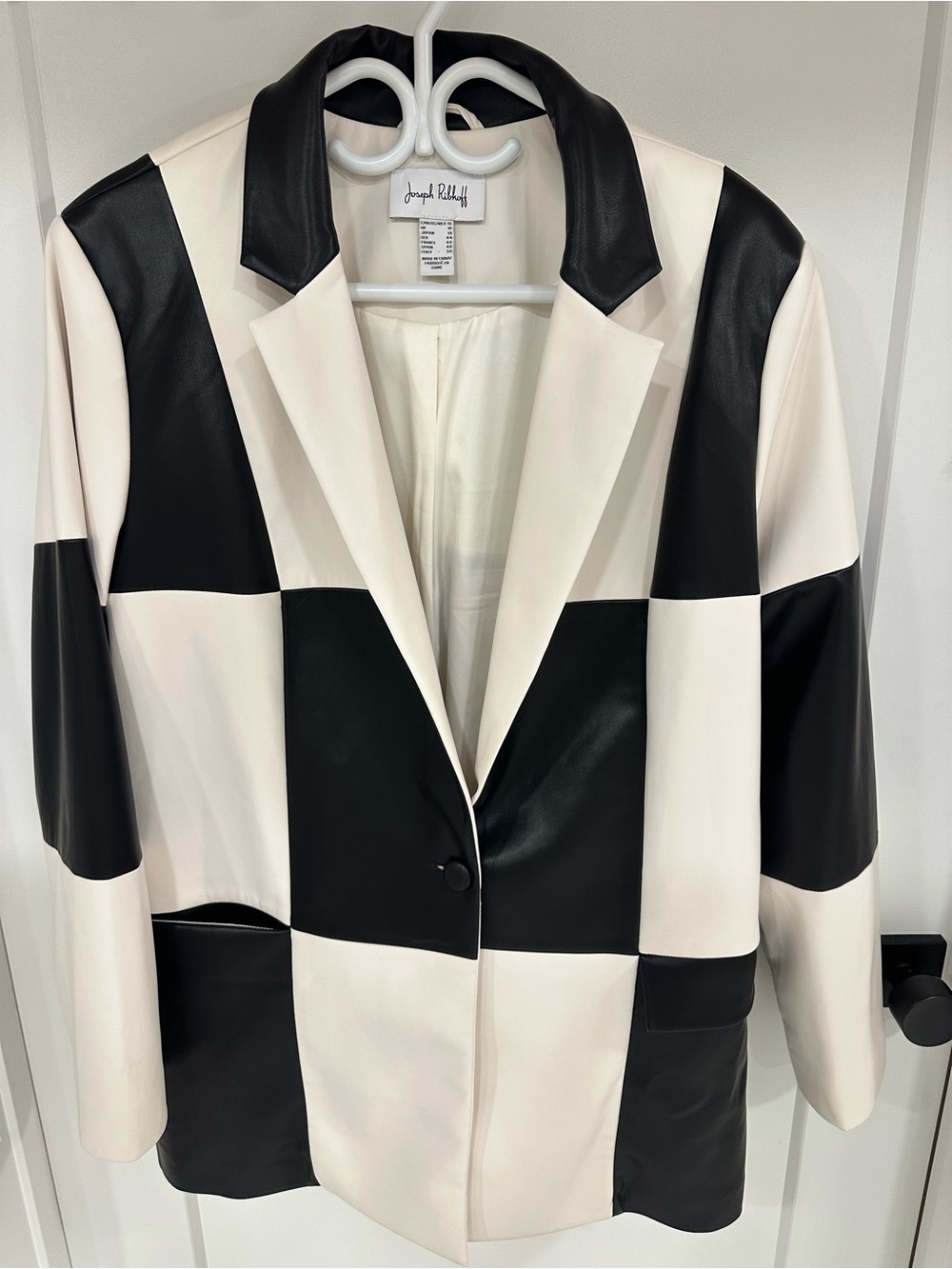 Joseph Ribkoff Black and White Checkerboard Leather-Panel Blazer